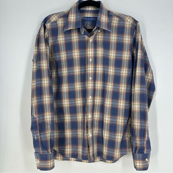 EXECUTIVE COLLECTION BY Tom James Navy Orange Plaid Long-sleeve Button Down Sz M - Picture 1 of 4